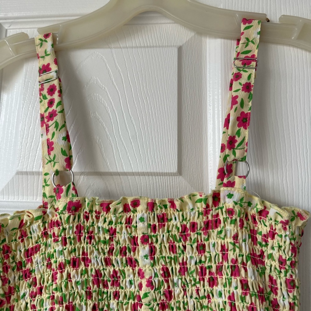 Love Tree Ruched Spring Floral Yellow Mini Dress with Ruffled Bottom - Picture 6 of 7